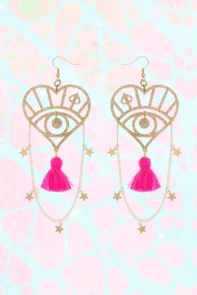 Star Chain Earrings with Pink Tassel