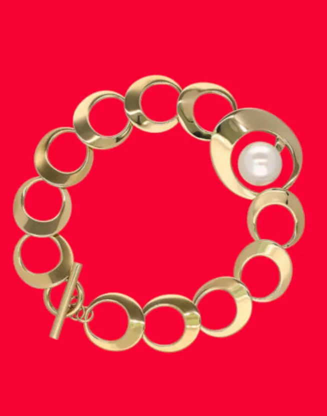 Steel Gold Plated Bracelet for Women with Organic Pearl, 12mm Round White Pearl, 7.8 Length, Petra Collection