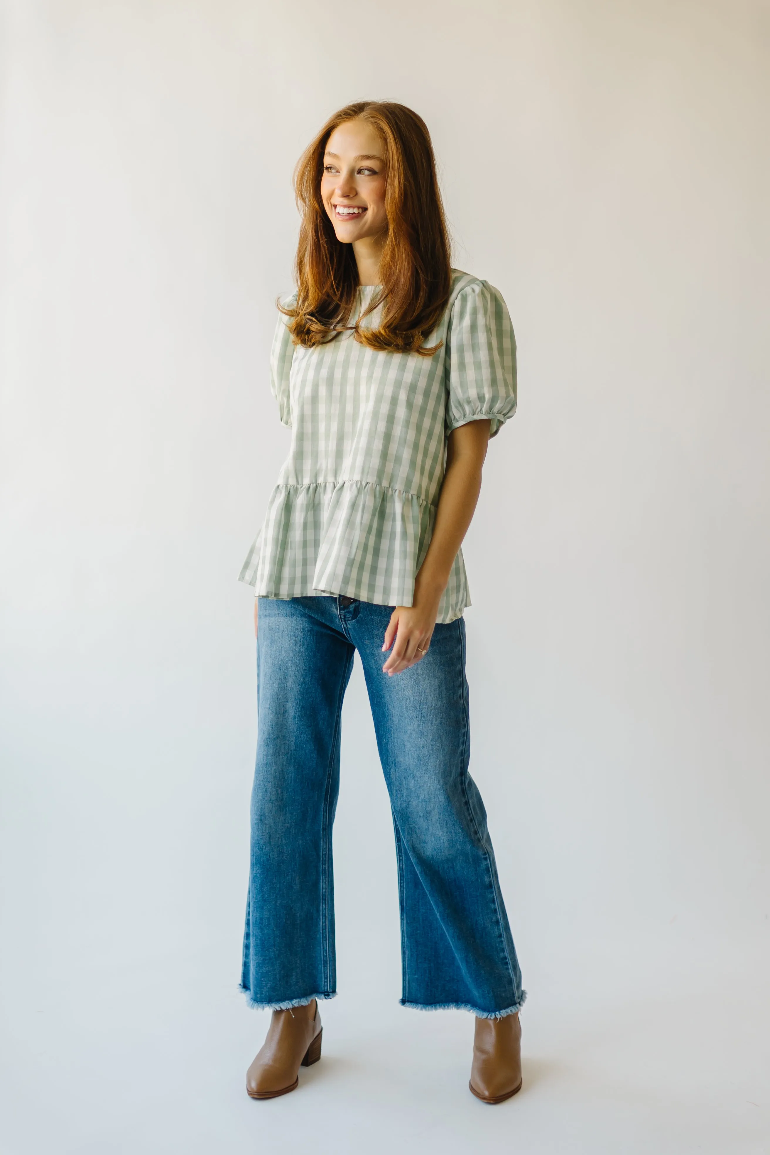 The Arcadia Gingham Puff Sleeve Blouse in Sage