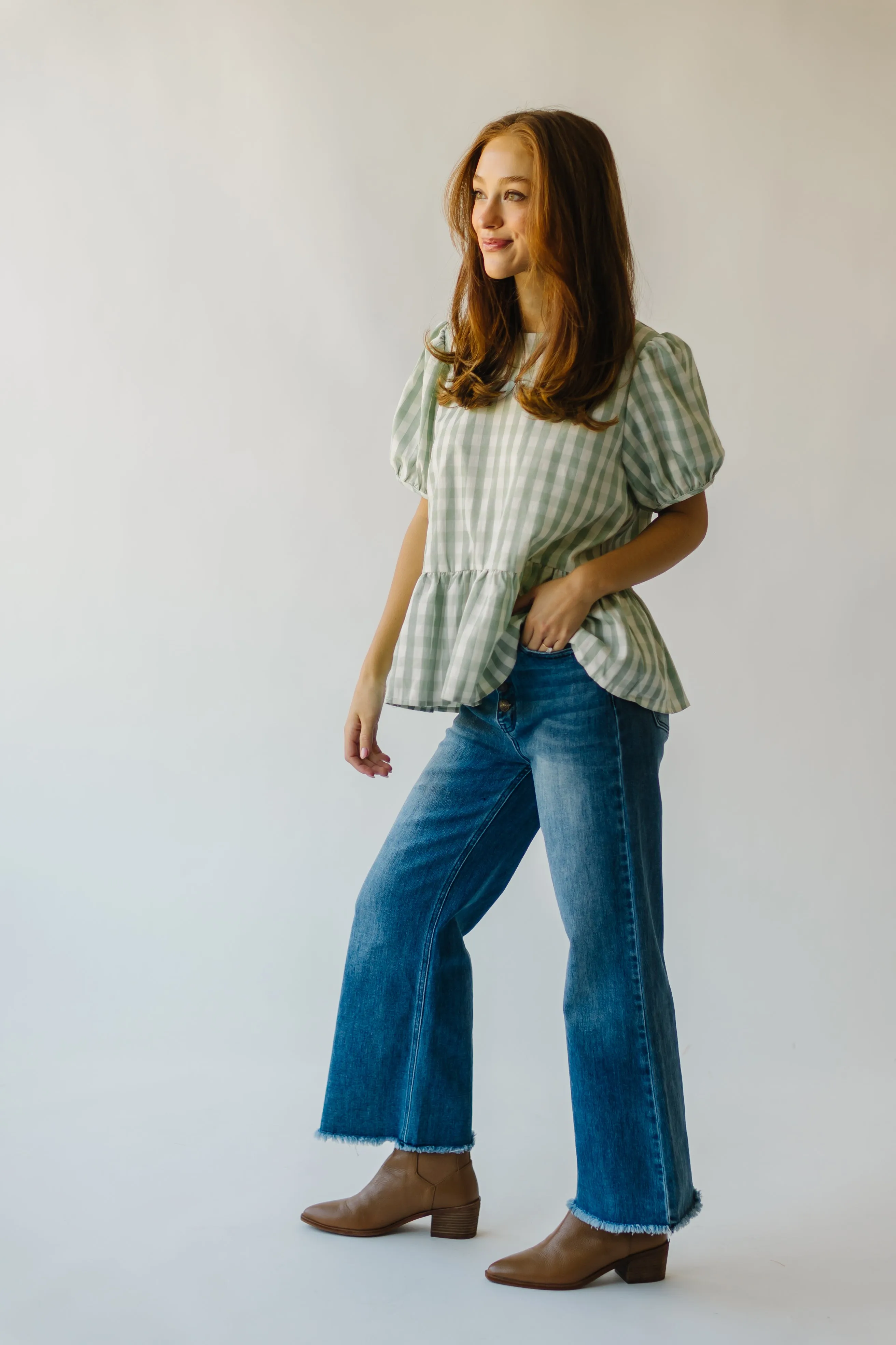 The Arcadia Gingham Puff Sleeve Blouse in Sage