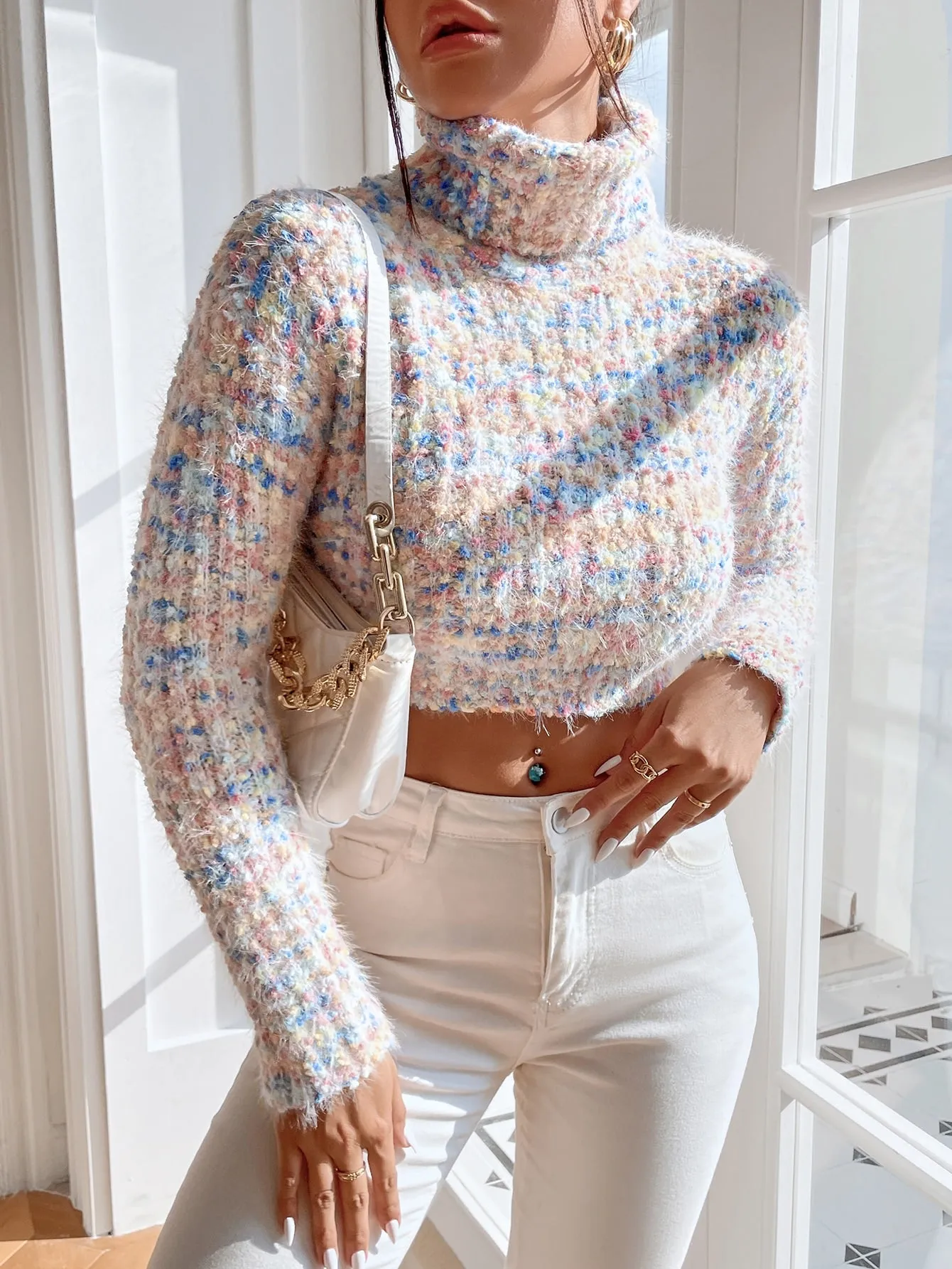 Turtleneck Colorful Knit Crop Sweater