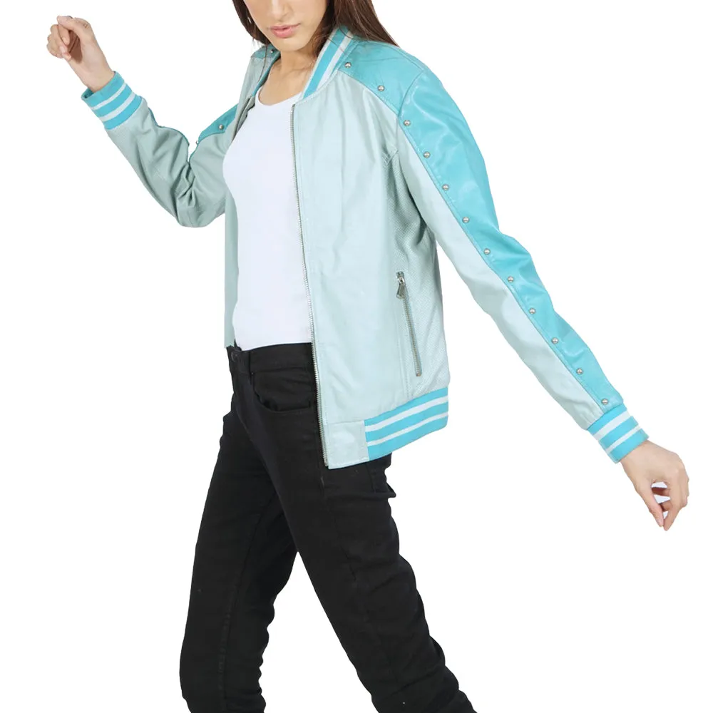 Varsity Turquoise Bomber Leather Jacket