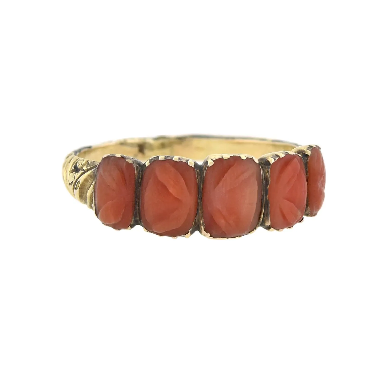 Victorian 12kt Hand Carved Coral 5-Stone Ring