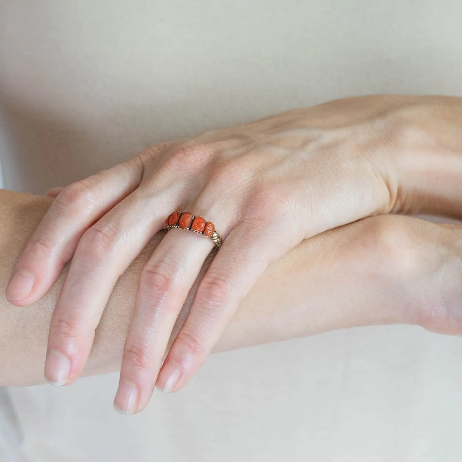 Victorian 12kt Hand Carved Coral 5-Stone Ring