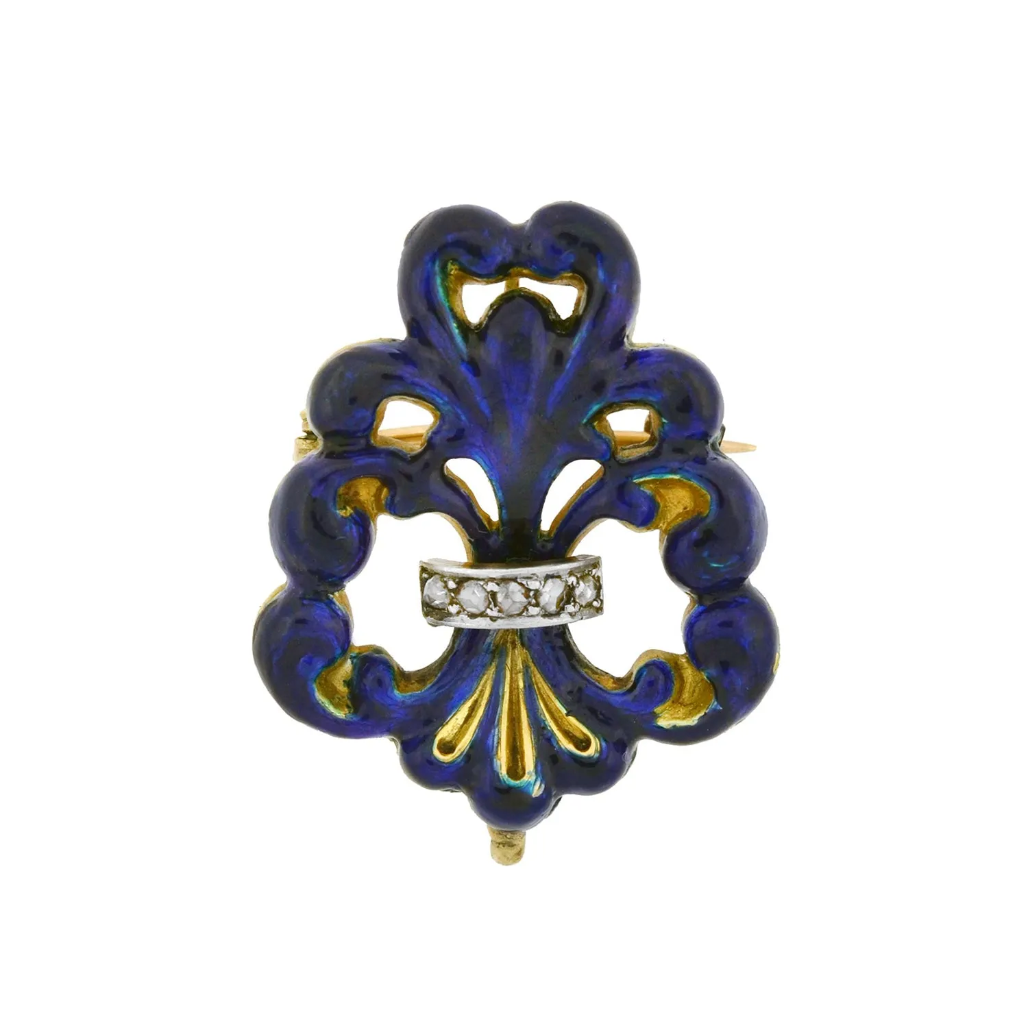 Victorian 14kt Blue Enameled Diamond "Fleur-de-Lys" Watch Pin