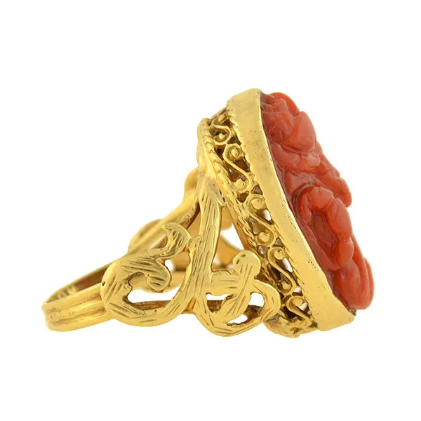 Victorian 14kt Carved Oxblood Coral Floral Filigree Ring