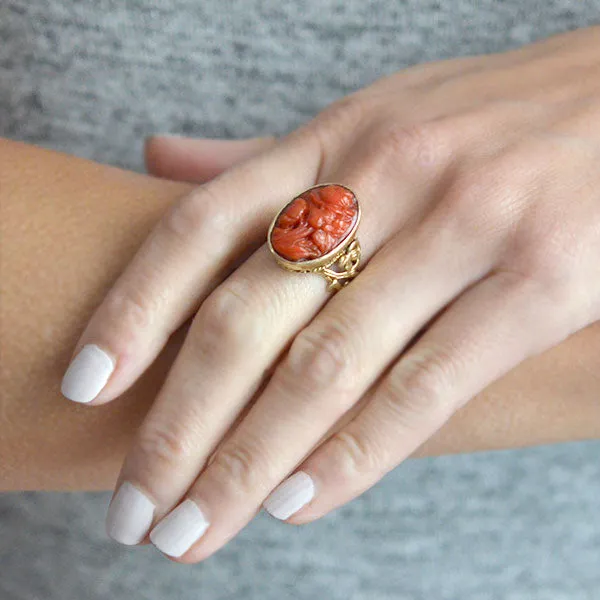 Victorian 14kt Carved Oxblood Coral Floral Filigree Ring