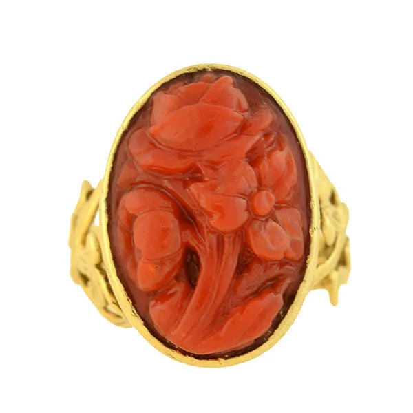 Victorian 14kt Carved Oxblood Coral Floral Filigree Ring