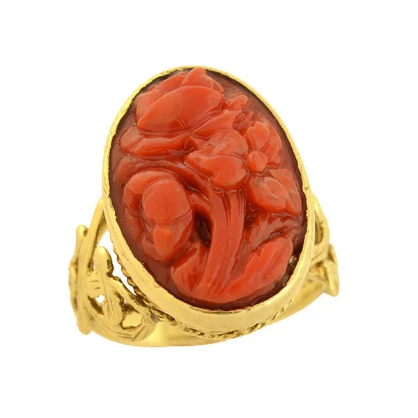 Victorian 14kt Carved Oxblood Coral Floral Filigree Ring