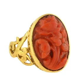 Victorian 14kt Carved Oxblood Coral Floral Filigree Ring