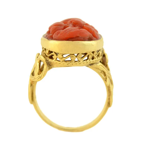 Victorian 14kt Carved Oxblood Coral Floral Filigree Ring