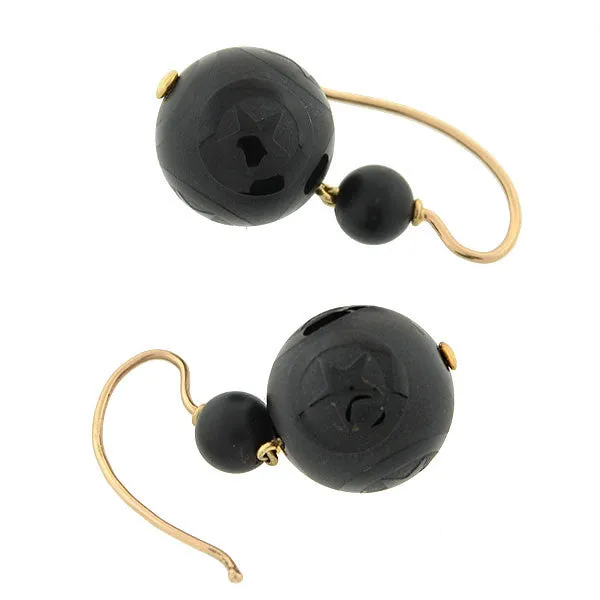 Victorian 14kt Onyx Engraved Star Motif Earrings