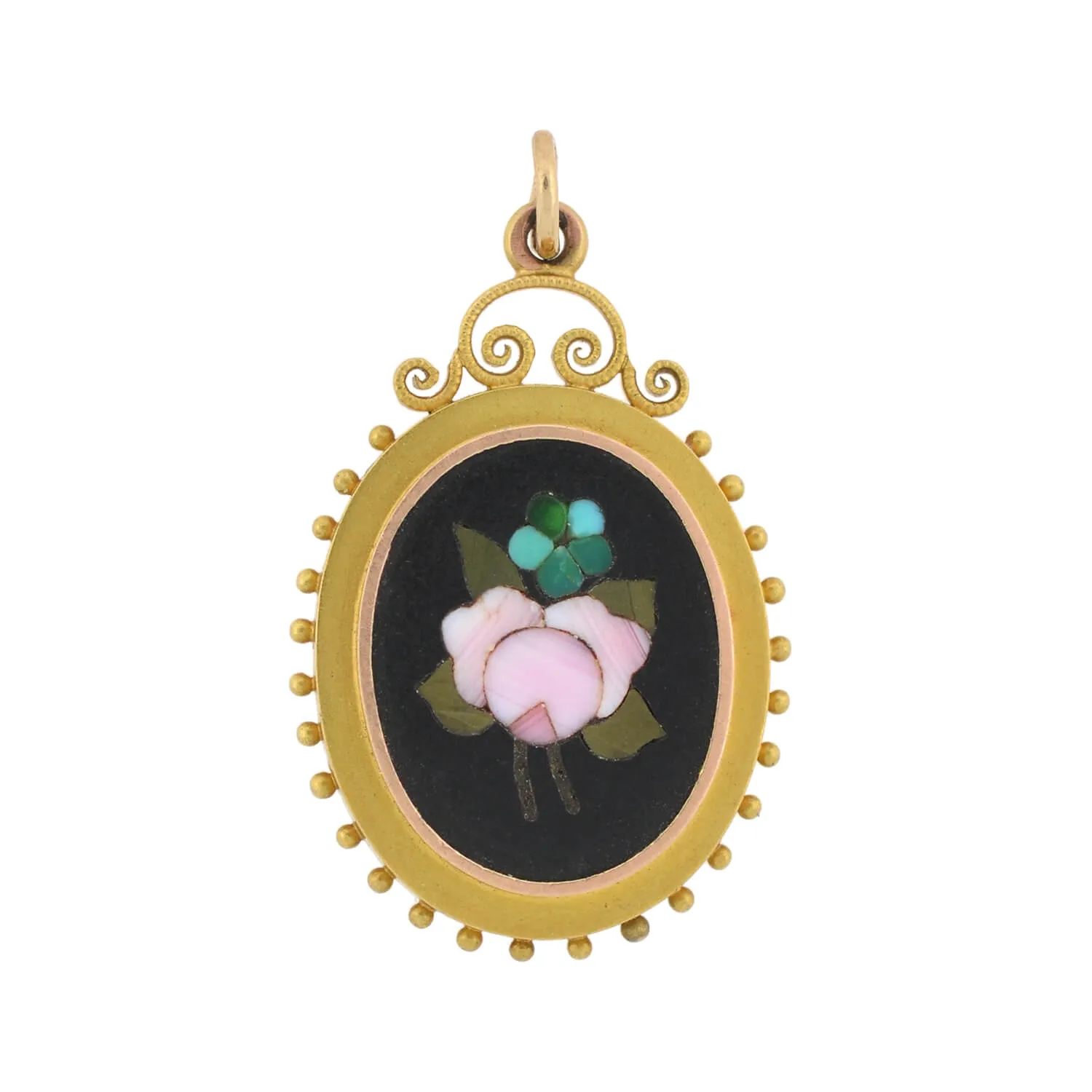 Victorian 14kt Pietra Dura Floral Pendant