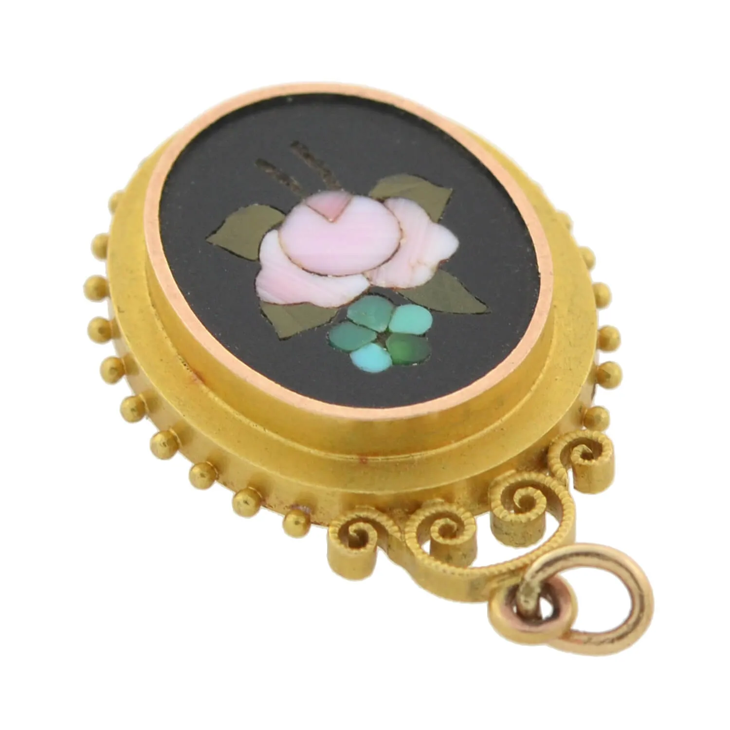 Victorian 14kt Pietra Dura Floral Pendant