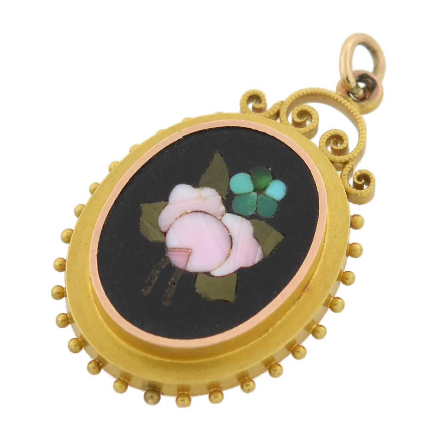 Victorian 14kt Pietra Dura Floral Pendant