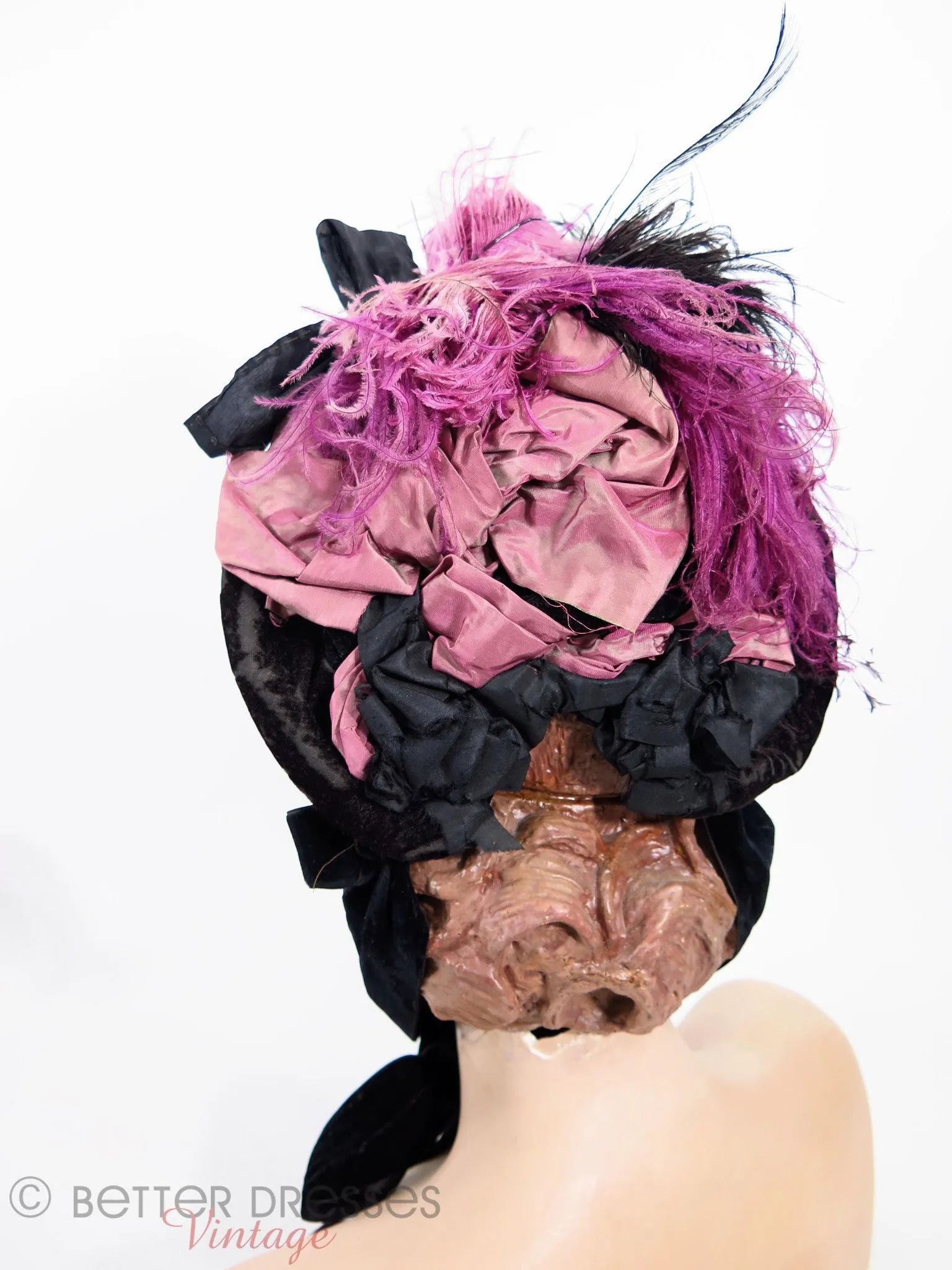 Victorian Bonnet in Black Velvet With Purple Silk and Feathers