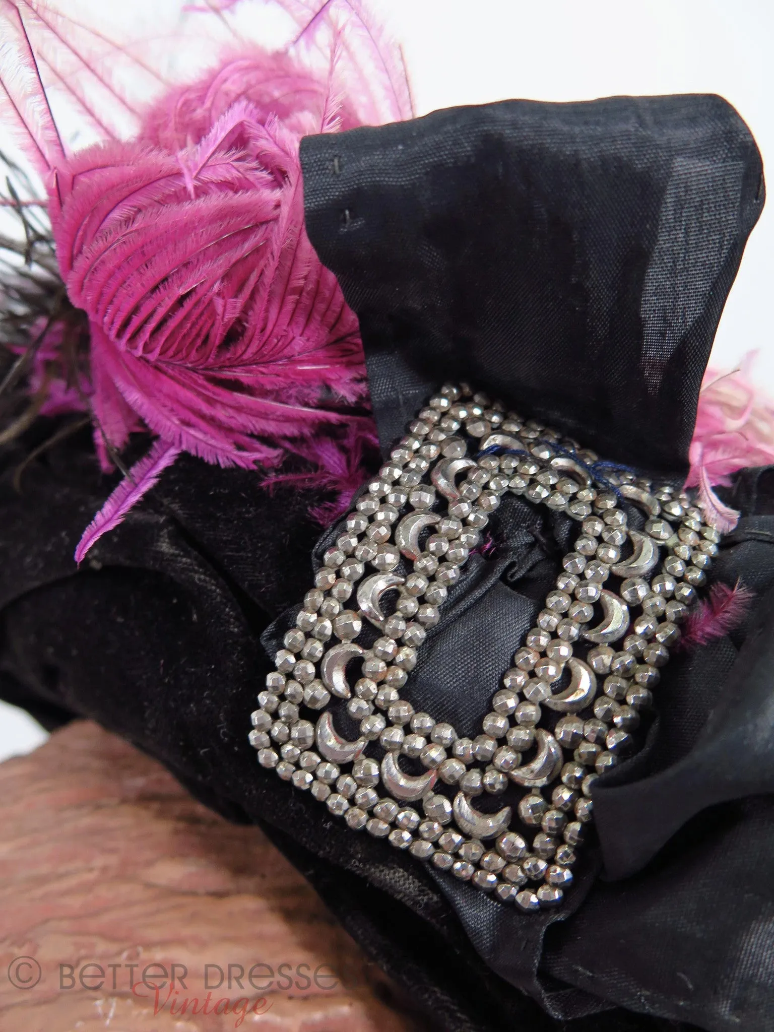 Victorian Bonnet in Black Velvet With Purple Silk and Feathers