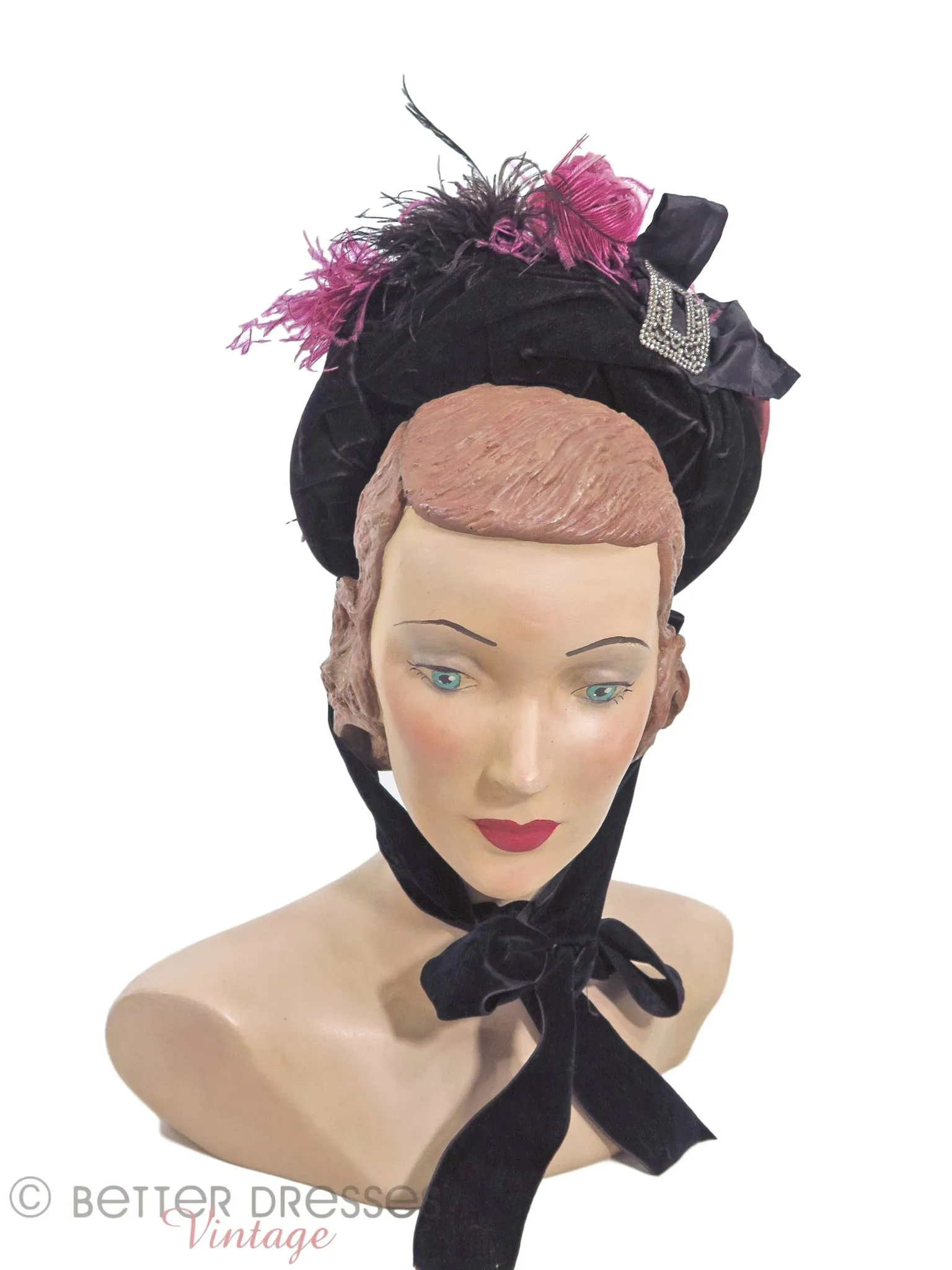 Victorian Bonnet in Black Velvet With Purple Silk and Feathers