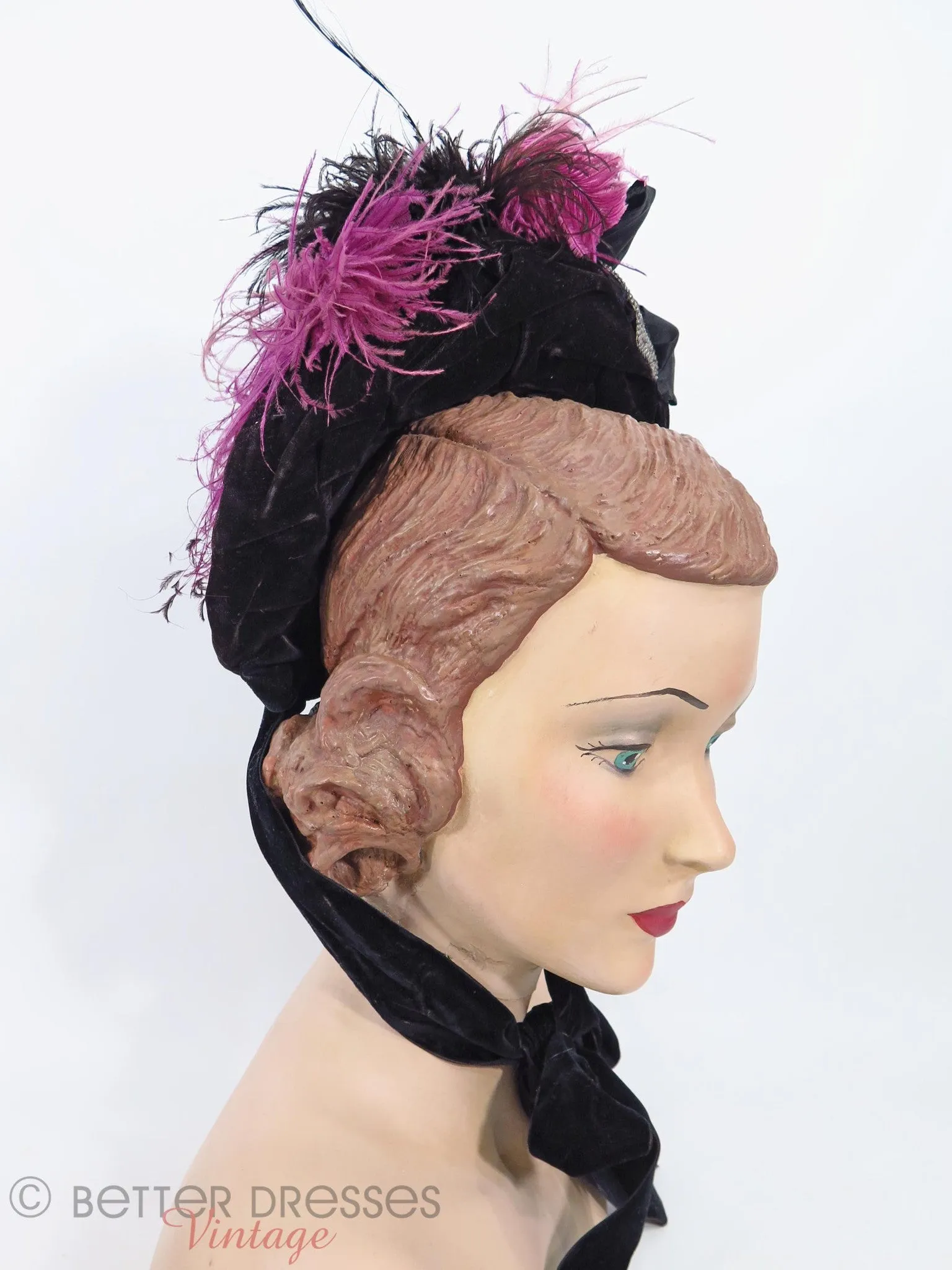 Victorian Bonnet in Black Velvet With Purple Silk and Feathers