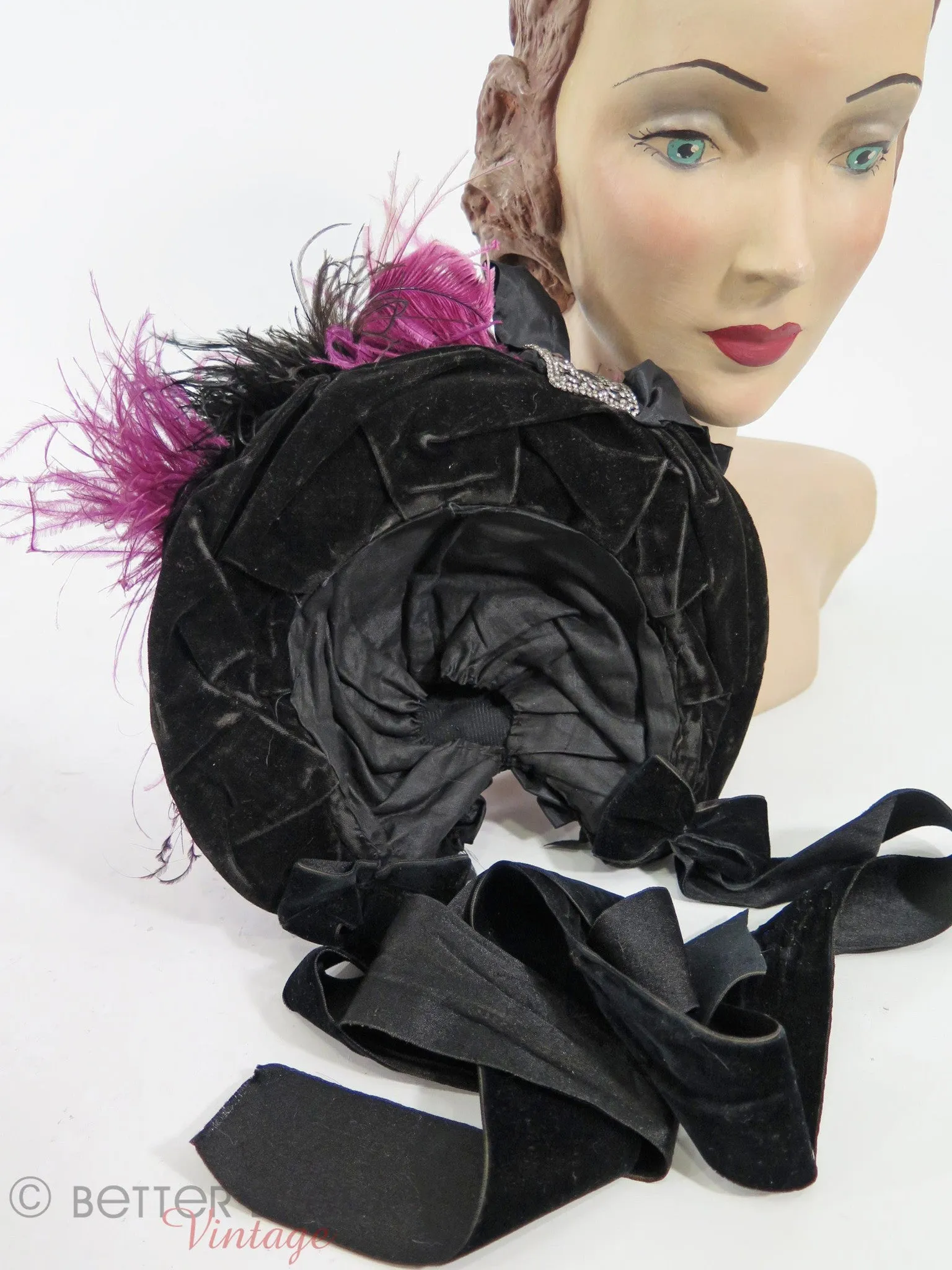 Victorian Bonnet in Black Velvet With Purple Silk and Feathers