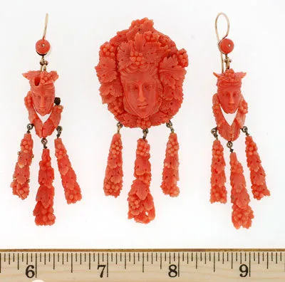 Victorian Carved Coral Pin & Pendant & Earrings Set