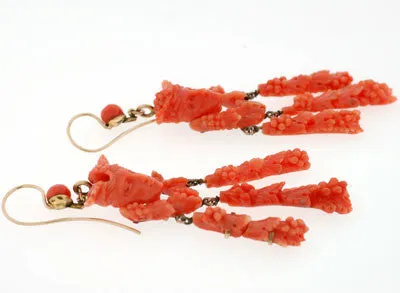 Victorian Carved Coral Pin & Pendant & Earrings Set