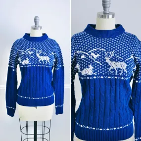 Vintage 1980s Blue Novelty Print Sweater / 80s cable knit pullover Size M