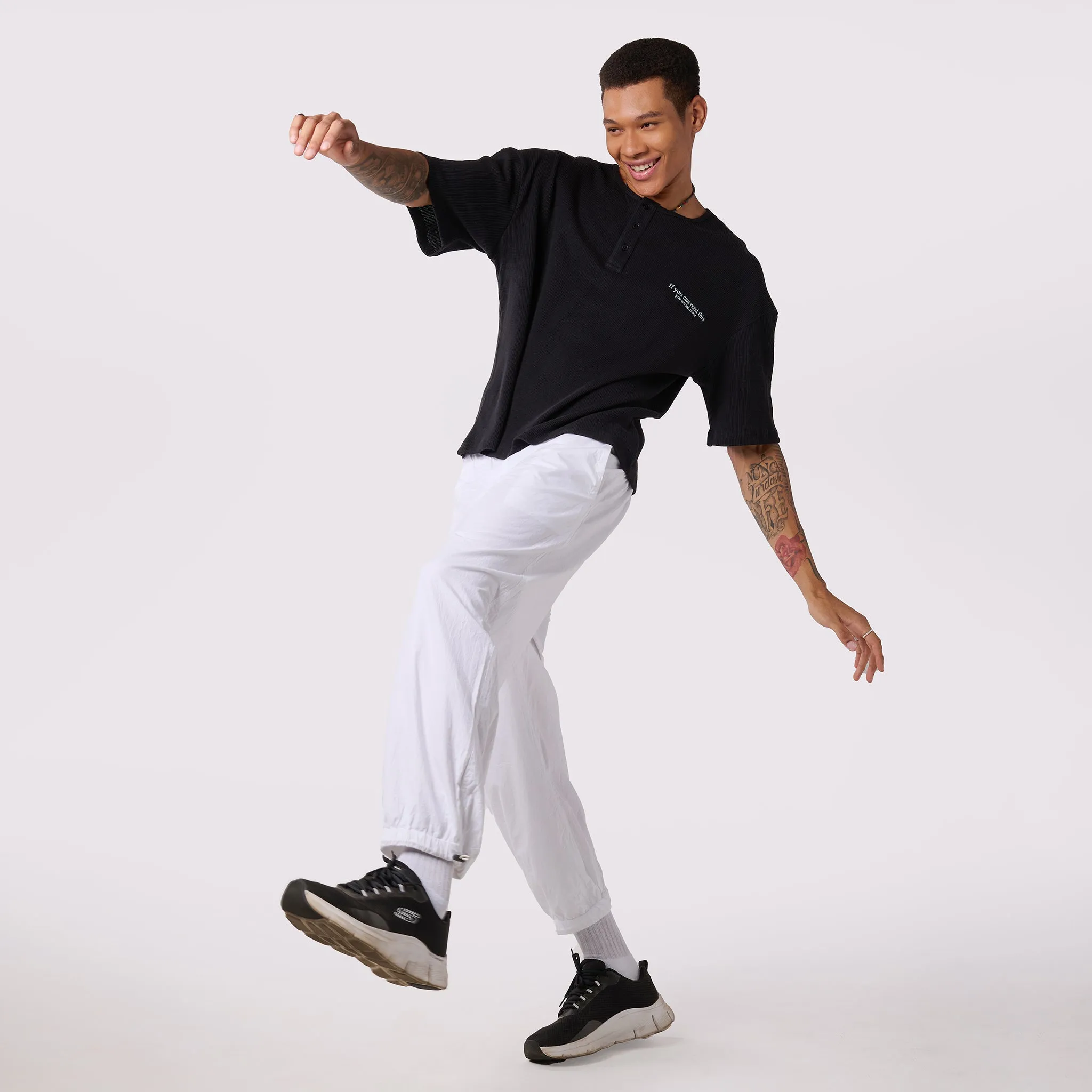 White Parachute pants & Black Textured knit top Set for Men