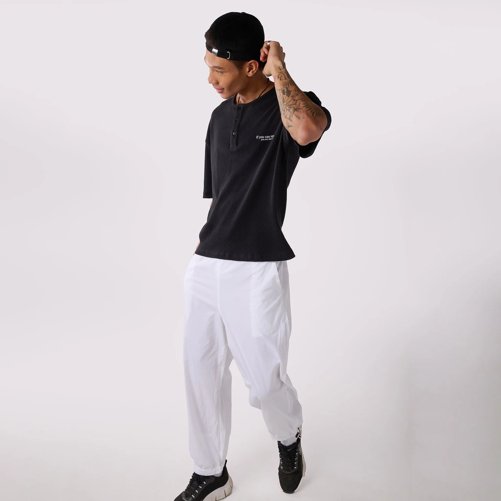 White Parachute pants & Black Textured knit top Set for Men