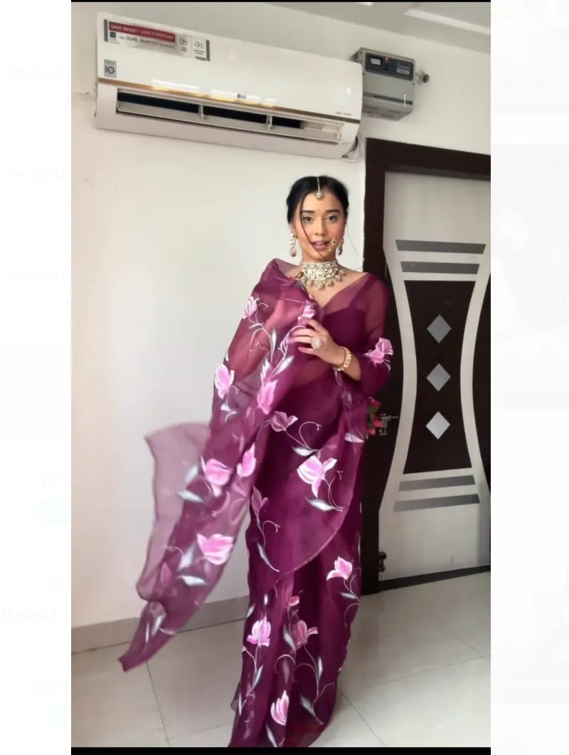 Wine 1 Minute Saree Ready to Wear Organza Sari