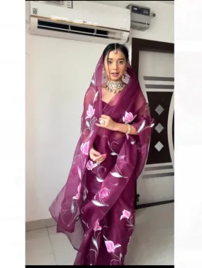 Wine 1 Minute Saree Ready to Wear Organza Sari