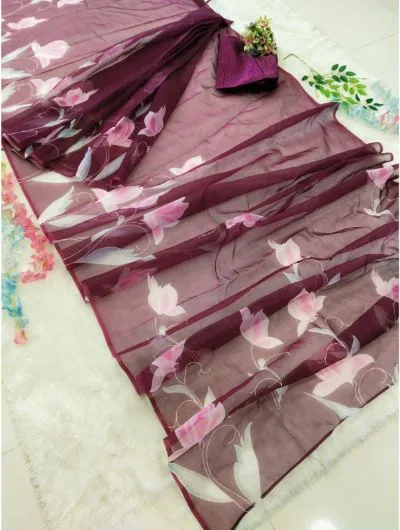 Wine 1 Minute Saree Ready to Wear Organza Sari