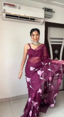 Wine 1 Minute Saree Ready to Wear Organza Sari