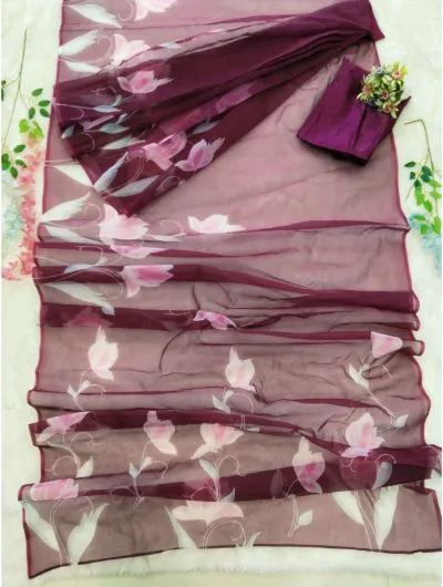 Wine 1 Minute Saree Ready to Wear Organza Sari