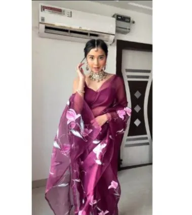 Wine 1 Minute Saree Ready to Wear Organza Sari